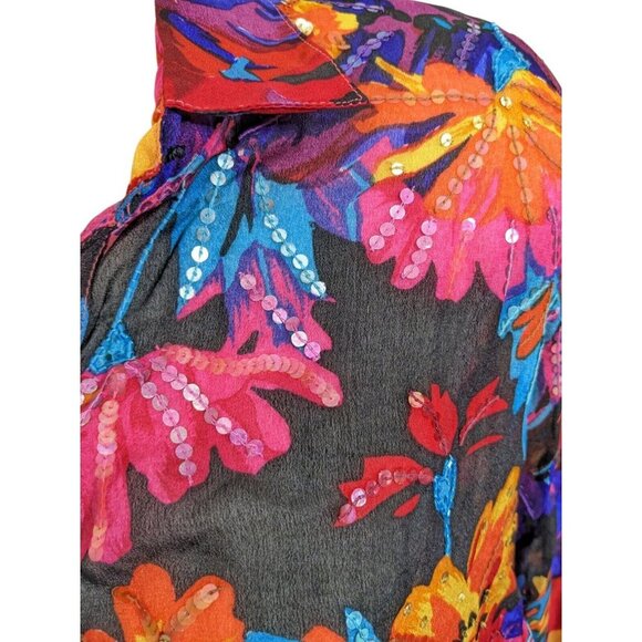 Vintage Judith Ann Plus Silk Button Tunic Blouse Sheer Plus 3X Embellished Bold - Picture 4 of 9
